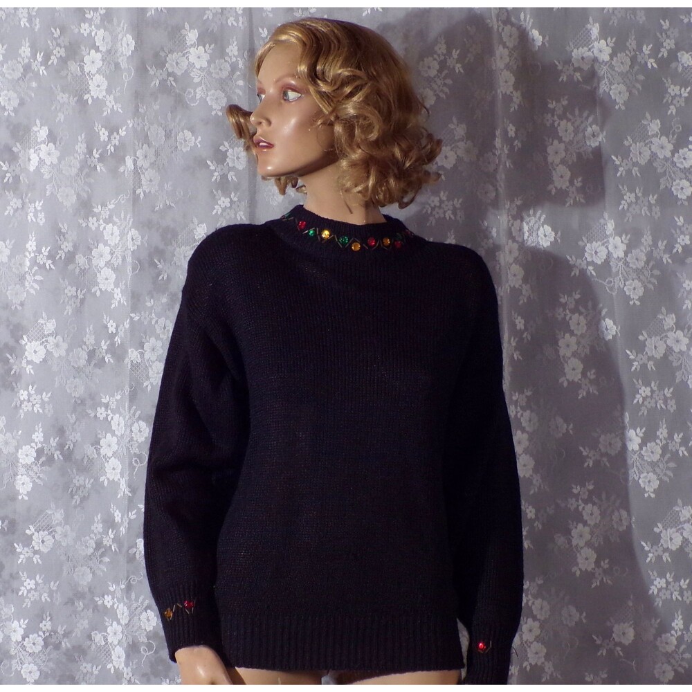 Vintage 80s Fancy Sweater 1980s Black & Silk Long Sleeve New Wave Size Large